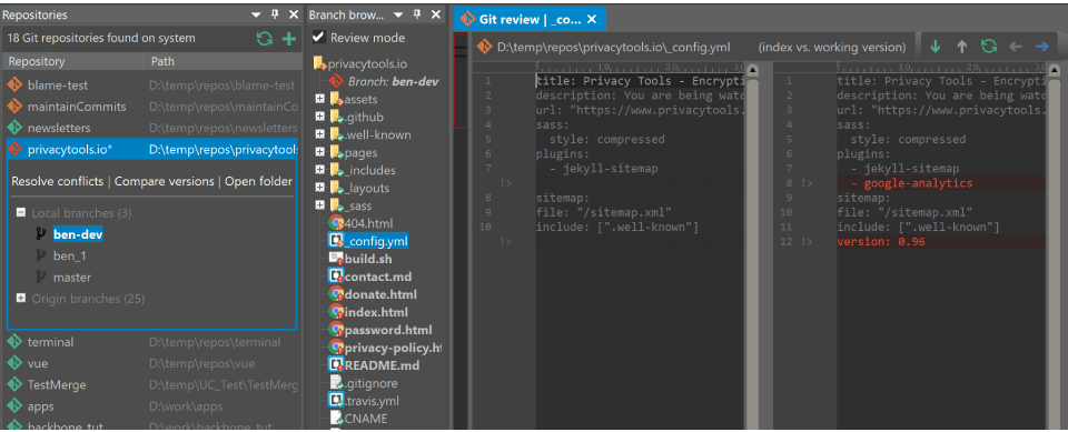 Review changes with UltraCompare Git review